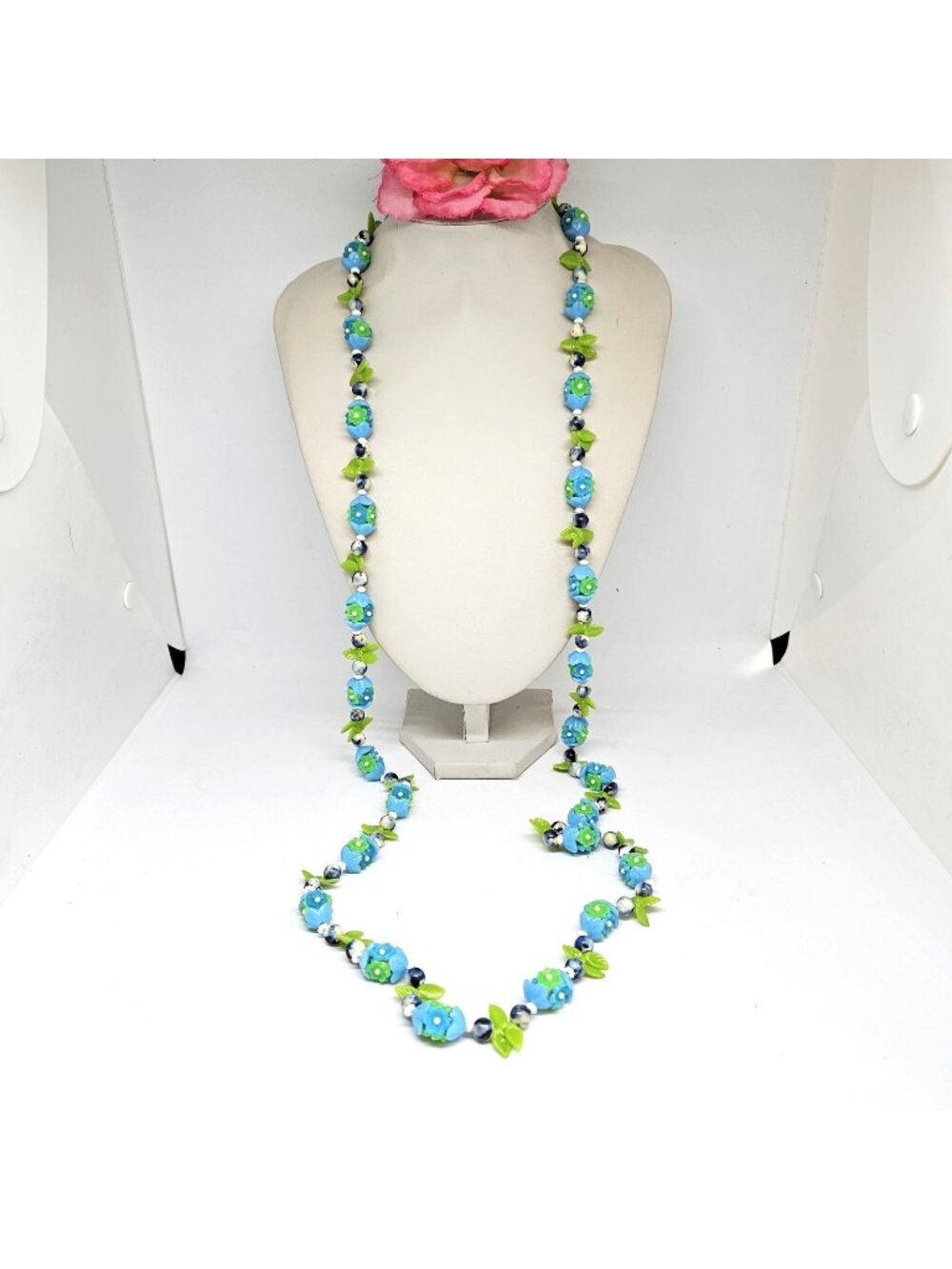 Vintage Blue Green Flower Bead Necklace 60s/70s 50" Long Retro Costume Jewelry